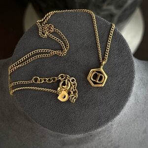Vintage Christian Dior CD Logo Monogram Hollow Polygon Thin Gold Chain Necklace